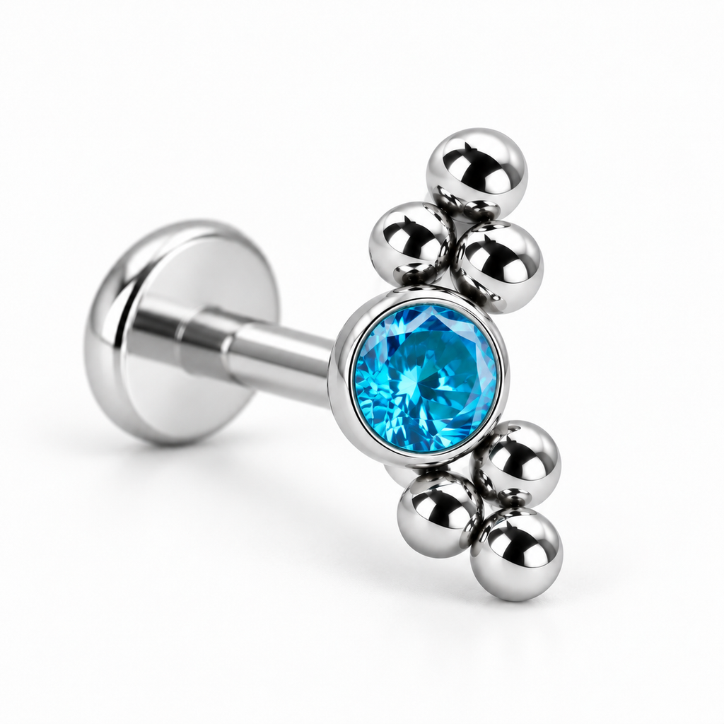 Labret argintiu titan filet intern tip cluster cu pietre si bubbles