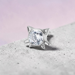 Instinct silver titanium internally threaded cat-shaped labret with clear, pink, iridescent, or black crystal.