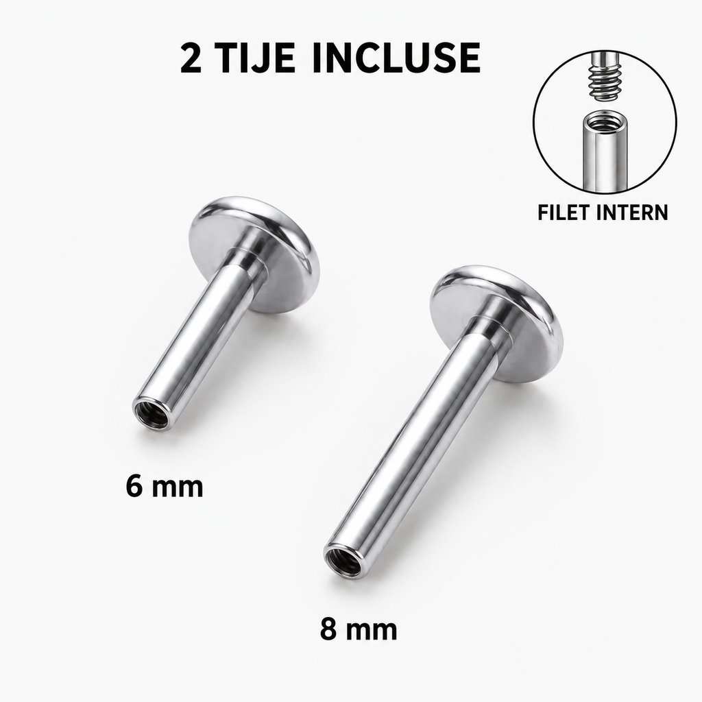 Labret titan argintiu filet intern in forma de cirese cu cristale